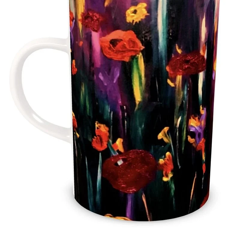Fine china Poppies mug featuring vibrant red, orange and purple flowers against a rich abstract background of deep green, violet and warm jewel tones.