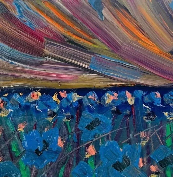 Expressive acrylic painting Twilight in Bloom by Olivia Reppas, featuring vibrant blue flowers beneath a dramatic sky of sweeping purple, pink, orange and gold brushstrokes.