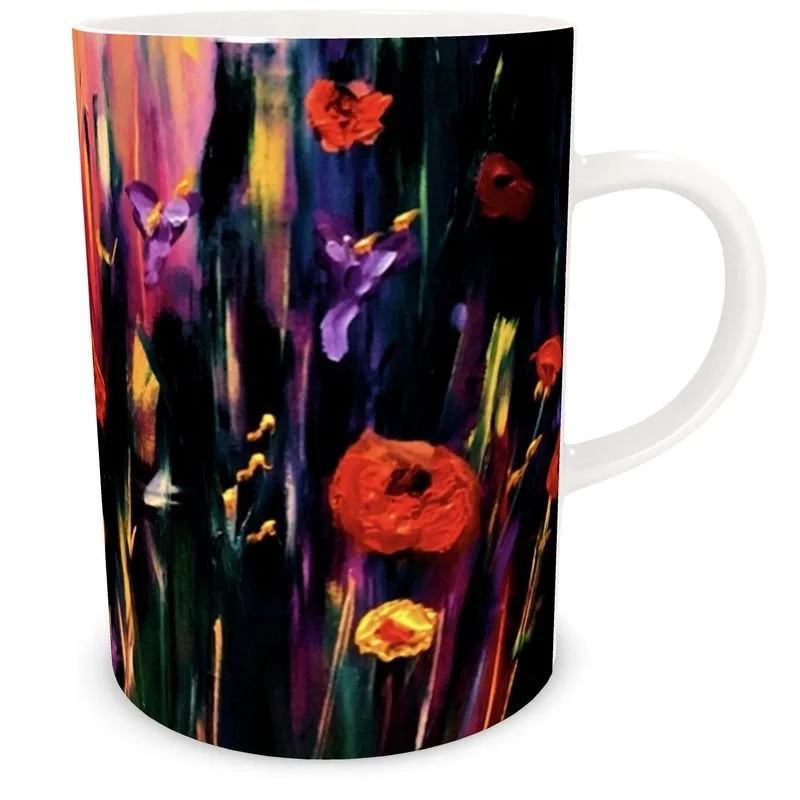 Fine china Poppies mug featuring vibrant red, orange and purple flowers against a rich abstract background of deep green, violet and warm jewel tones.