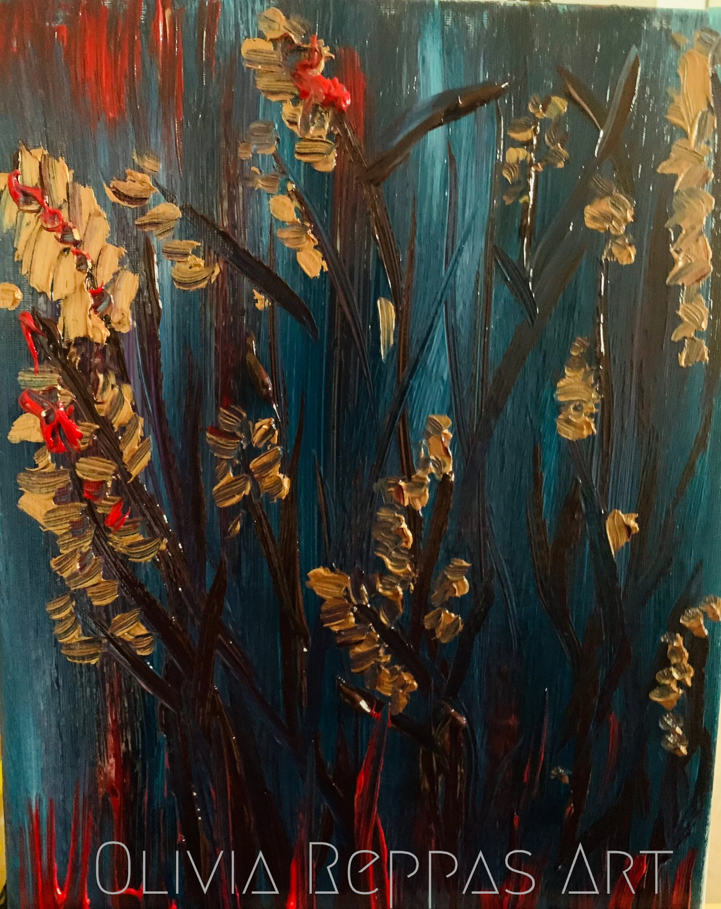 Expressive botanical painting by Olivia Reppas featuring tall dark stems and foliage against a deep teal-blue background, with textured golden flowers and vivid red accents creating a dramatic, luminous and atmospheric garden scene.