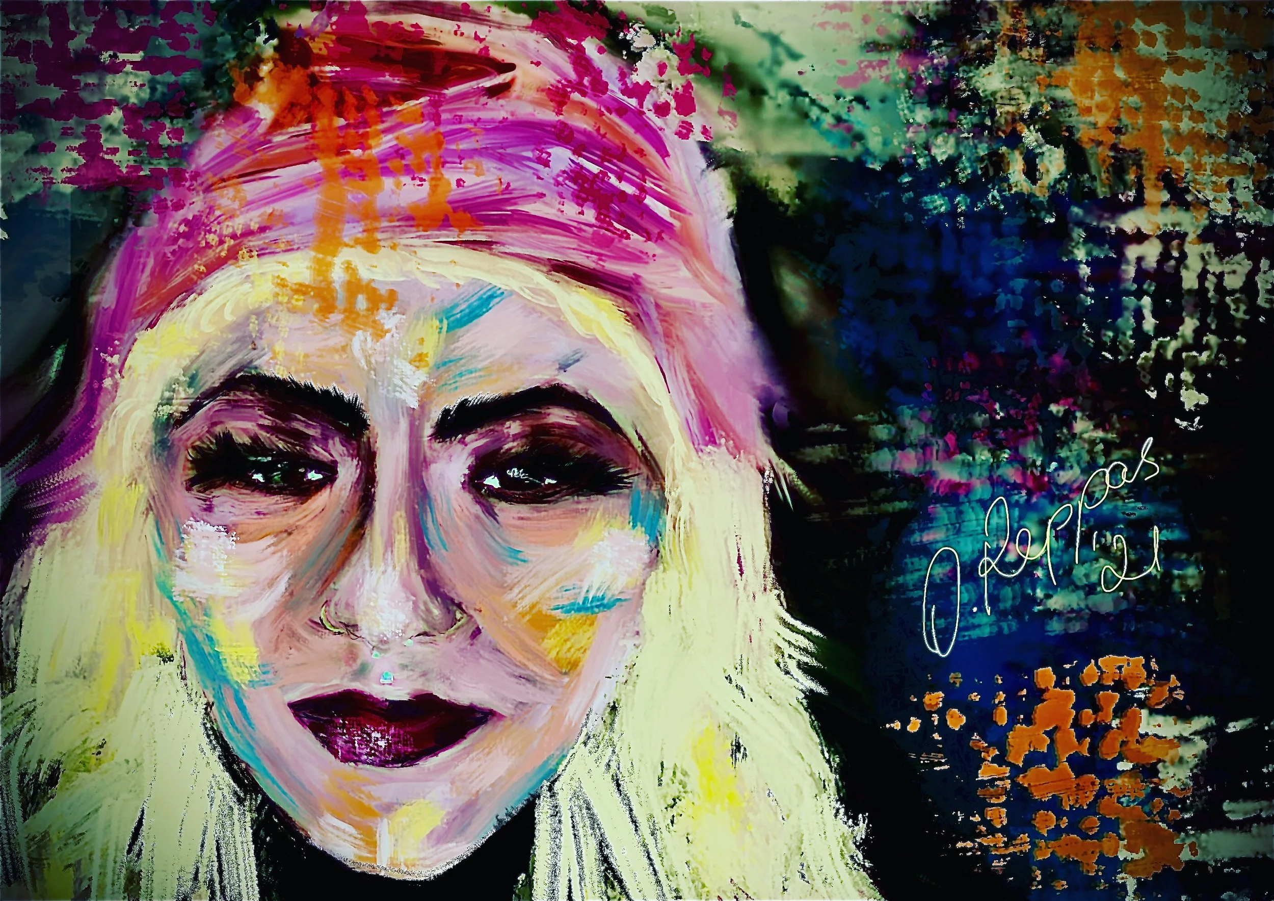 A vibrant, colorful painting of a woman's face with blonde hair and dark eyes, rendered in an abstract, expressive style with bold brushstrokes and splashes of paint, set against a multicolored background with a signature in the lower right corner.