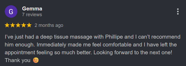 Screenshot of a positive online review for a massage therapist named Phillipe from a woman named Gemma, dated two months ago.