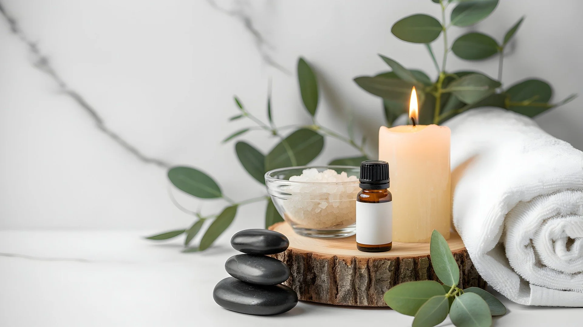 Spa setting with a lit candle, essential oil bottle, bath salts, folded towel, and green foliage on a wooden slab.