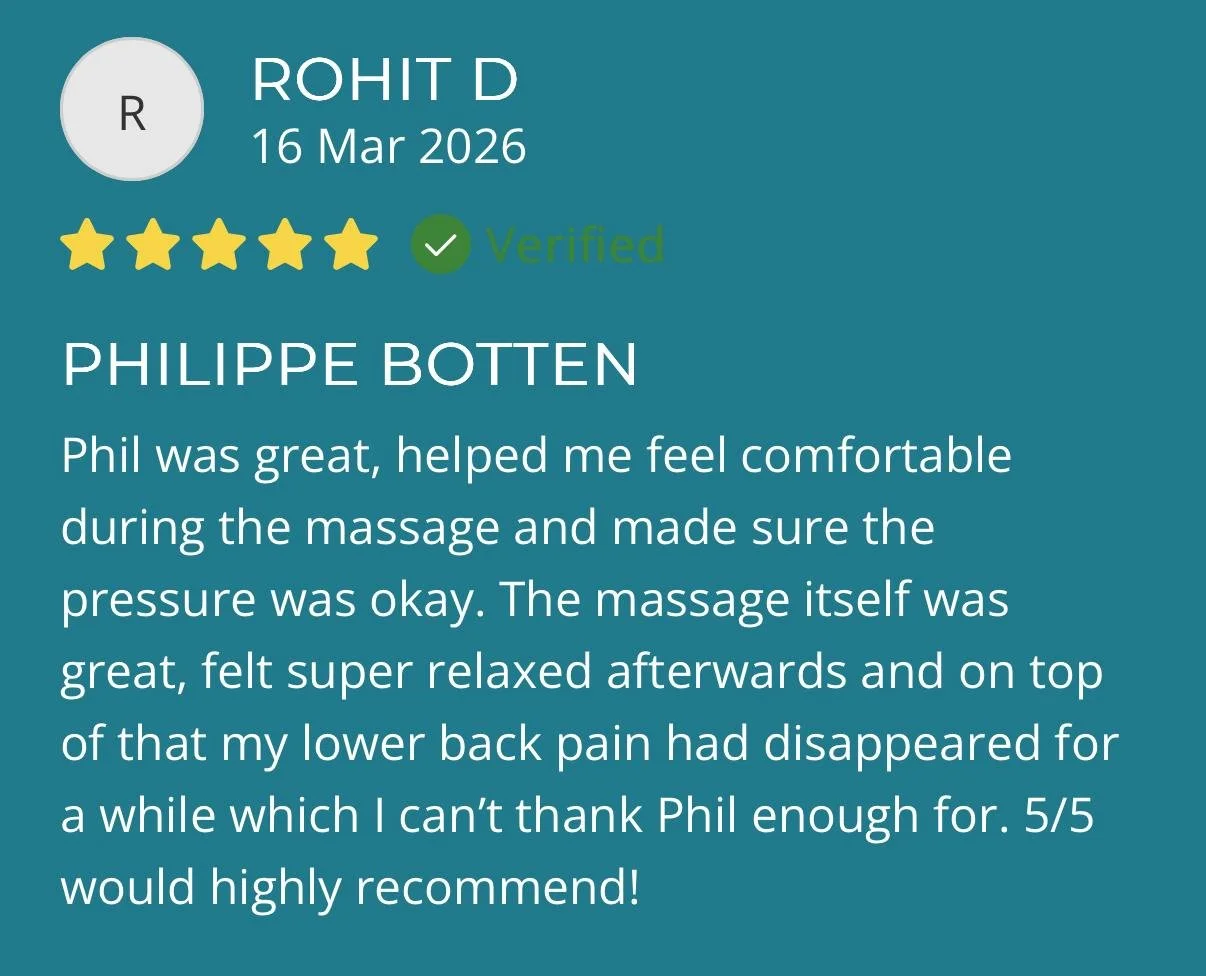 A customer review for masseuse Philippe BOTTEN, rated 5 stars, written by Rohit D. The review praises Phil for making the customer feel comfortable during the massage, checking the pressure, and helping alleviate lower back pain, recommending his services highly.