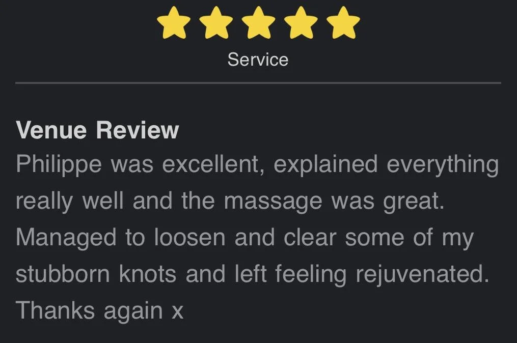 Five-star review for a venue, rating service as excellent, praising Philippe for explaining everything and giving a great massage that helped loosen stubborn knots and made the reviewer feel rejuvenated.