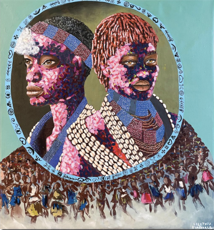 Portrait of two African women adorned with jewelry, surrounded by a circle with symbolic designs, and a crowd of people below.