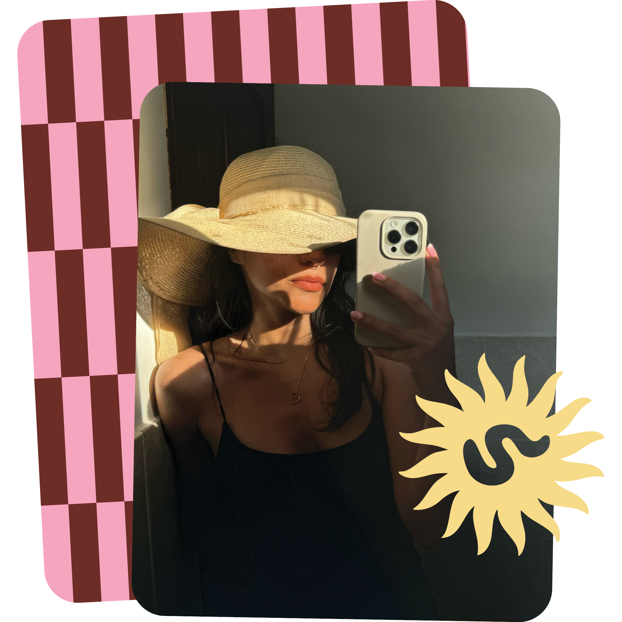 A person wearing a wide-brimmed straw hat and a black spaghetti strap top taking a selfie with a smartphone in front of a mirror, with decorative pink and yellow floral borders surrounding the image.
