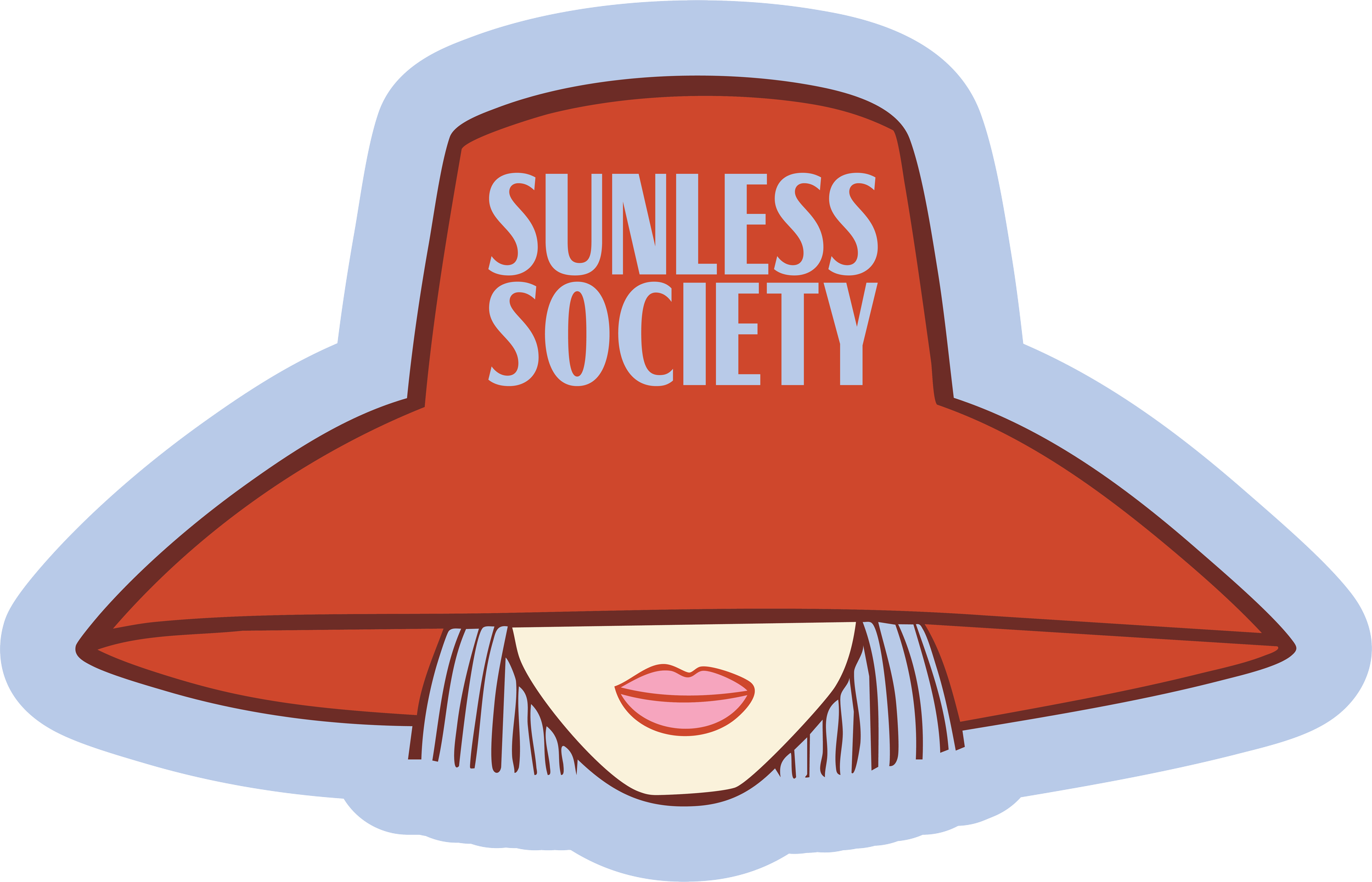 A woman wearing a large red sunhat with the words 'Sunless Society' written on the front, partially covering her face.