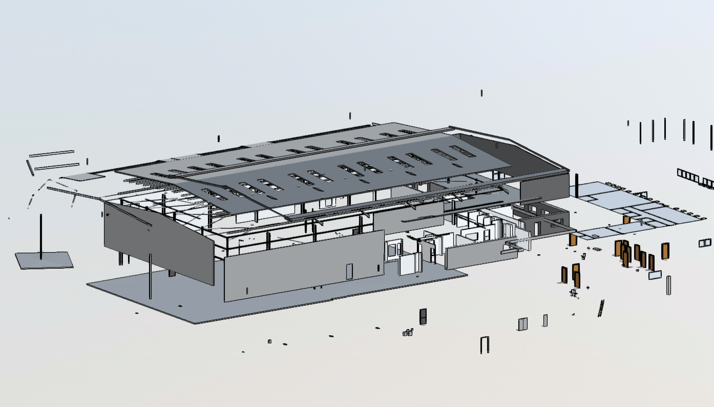Architectural 3D model rendering of a building under construction with structural framework, walls, and roof in progress.