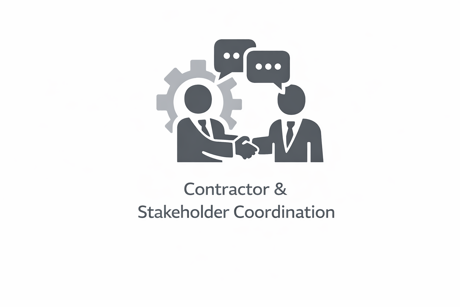 Graphic of two businesspeople shaking hands, with speech bubbles above them and a gear in the background, representing contractor and stakeholder coordination.