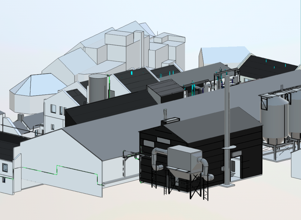A computer-generated architectural model of an industrial facility with various buildings, tanks, and pipes.