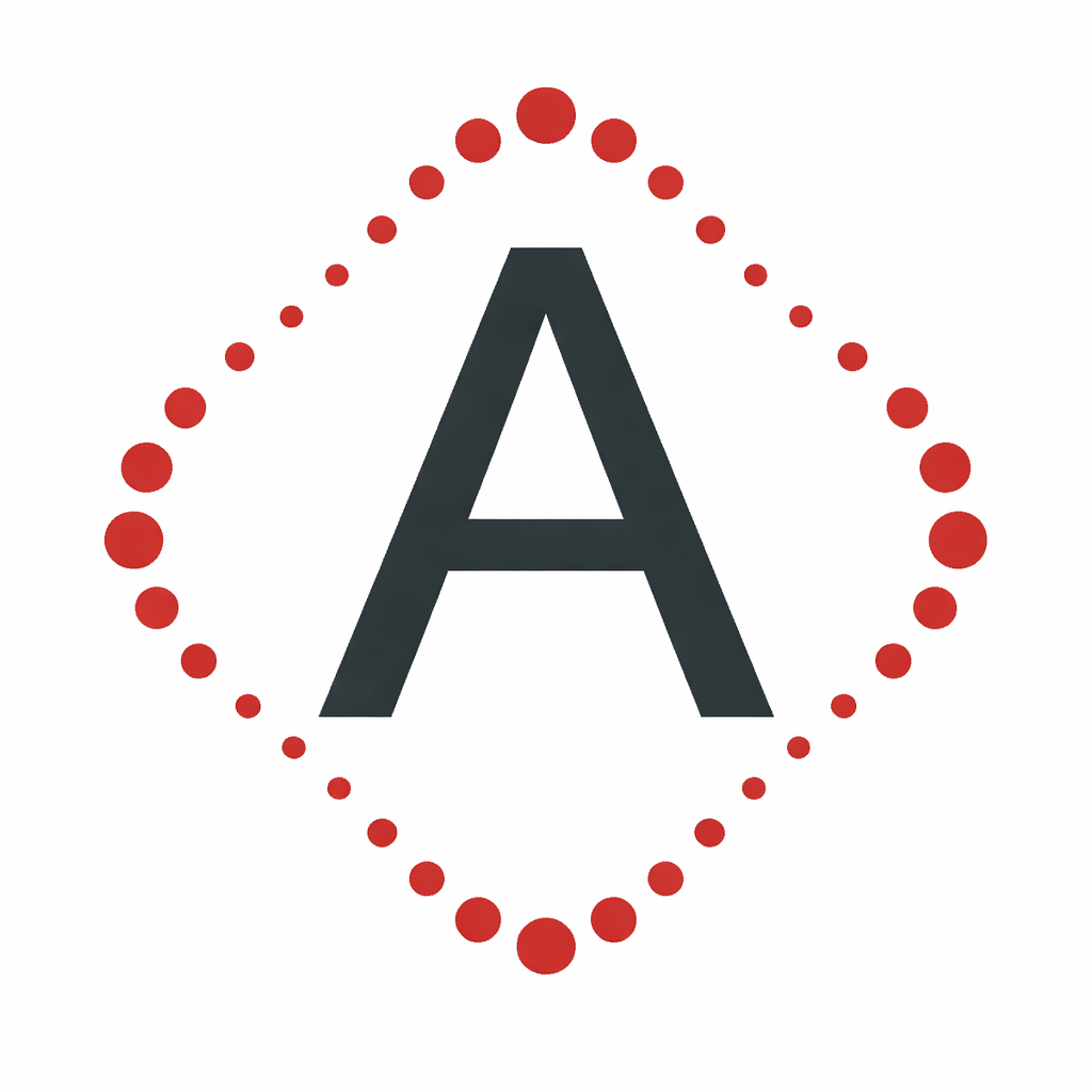 A large black letter A centered within a diamond-shaped outline made of red dots.