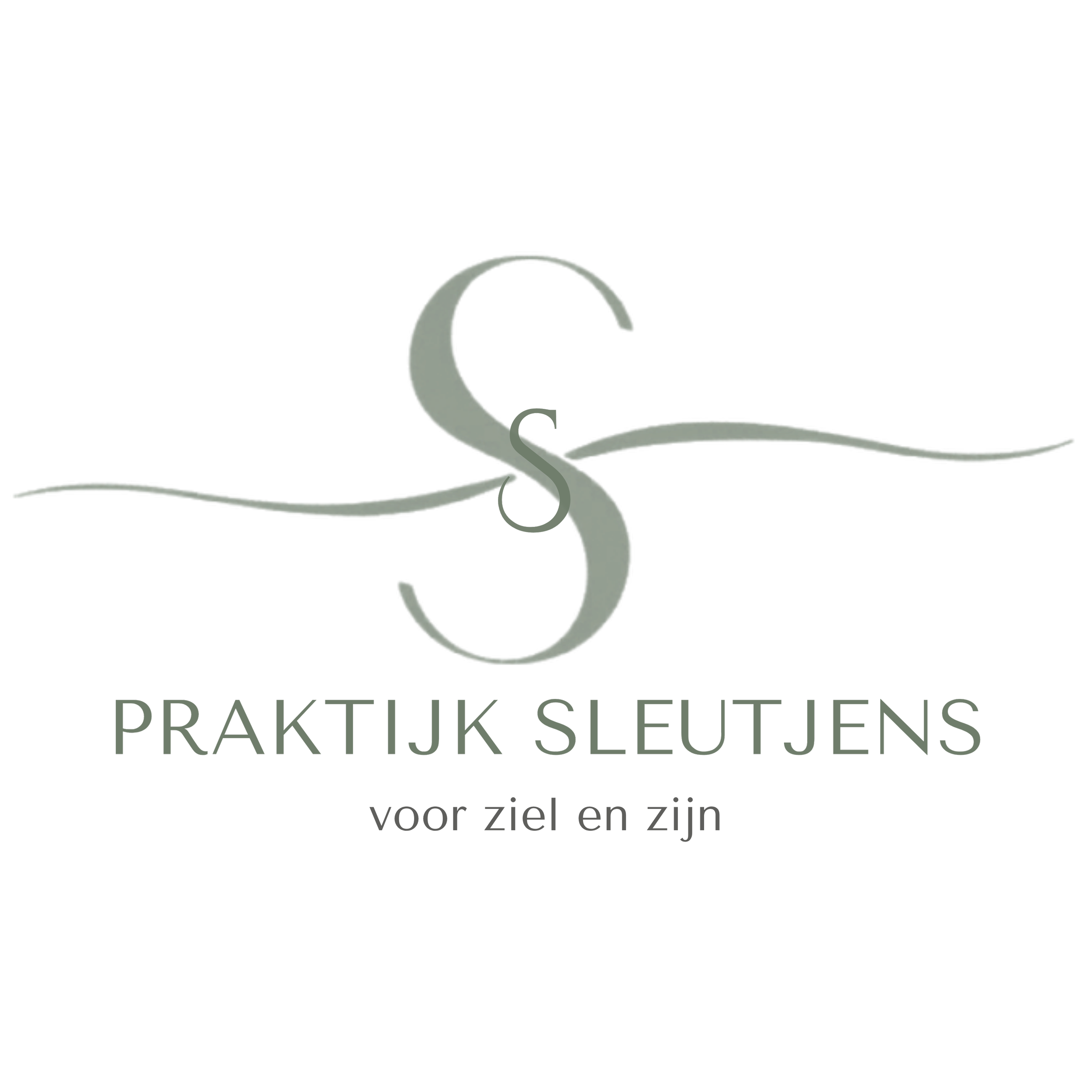 Logo met een grote gescripte letter S en de tekst 'Praktijk Sleutjens voor ziel en zijn' op een zwarte achtergrond.