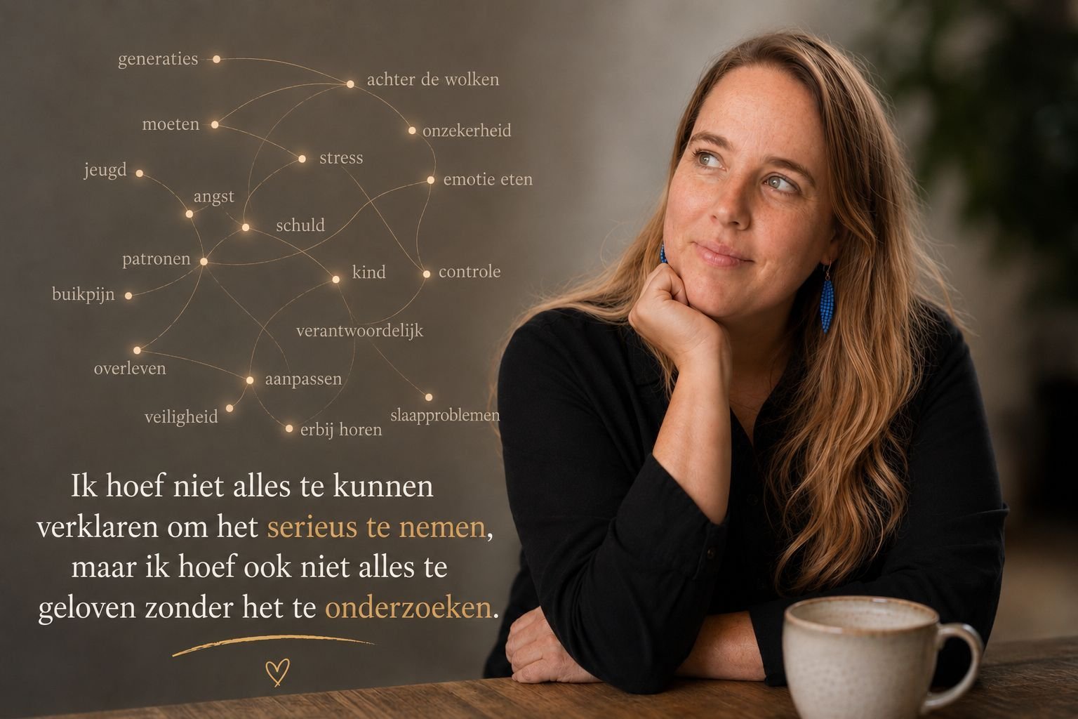 Woordenwolk over stress, emoties, controle en innerlijke patronen met een nuchtere visie op persoonlijke groei.