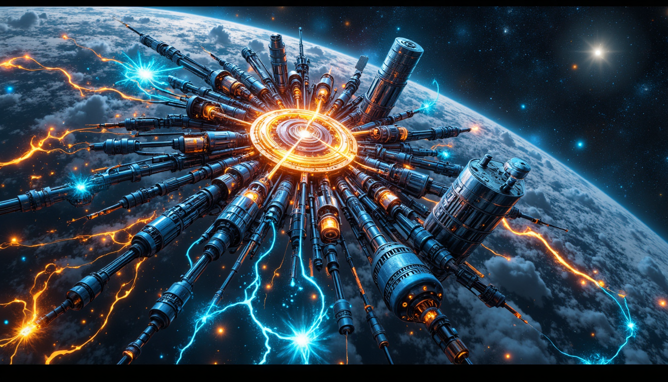 A futuristic space station with multiple long, metallic arms extending outward, emitting electric sparks and lightning, orbiting Earth in space.