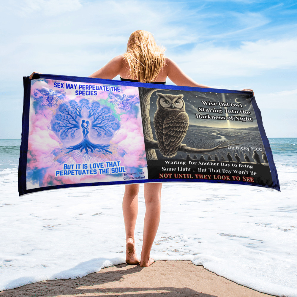 A woman standing on a beach holding a large banner with two images and text. The banner features a colorful illustration of a tree with a heart-shaped silhouette, with text about love and the soul, and a black and white drawing of an owl on a branch with text about darkness and waiting.