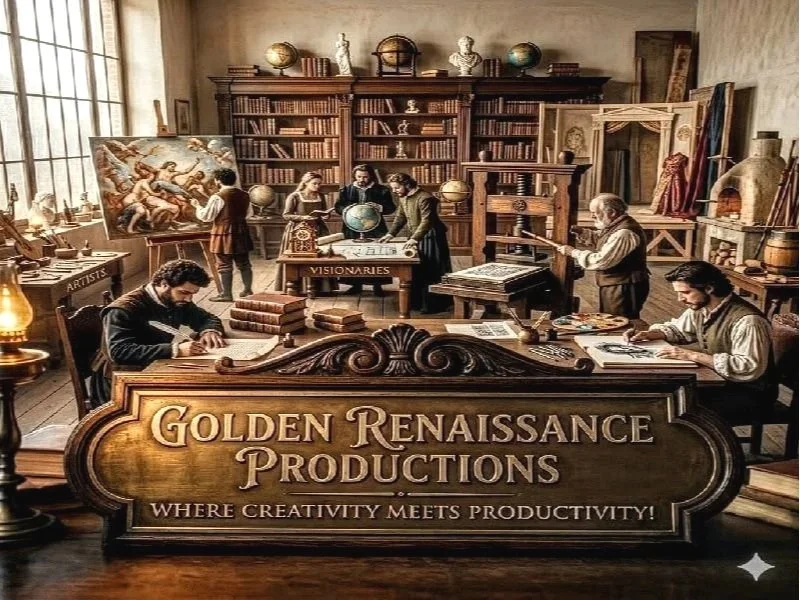 A vintage-inspired library with men working on various creative projects, surrounded by books, globes, and art supplies. Prominent sign reads "Golden Renaissance Productions" with the slogan "Where creativity meets productivity!"