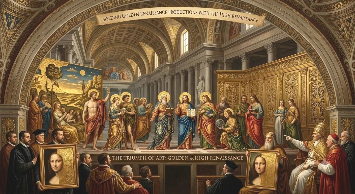 A large, ornate room with a vaulted, decorated ceiling featuring gold accents, depicting a historical or religious scene with numerous figures, some holding framed portraits. The scene appears to highlight art and history, with a banner reading 'Melding Golden Renaissance Productions with the High Renaissance' at the top and a plaque in the center that says 'The Triumph of Art: Golden & High Renaissance.'
