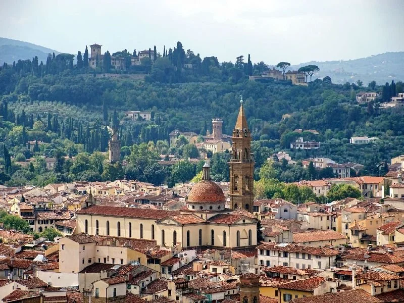 Panoramic view of an Italian city with a prominent church tower and domed roof, surrounded by red-tiled roofs and green hillside with castles in the distance.