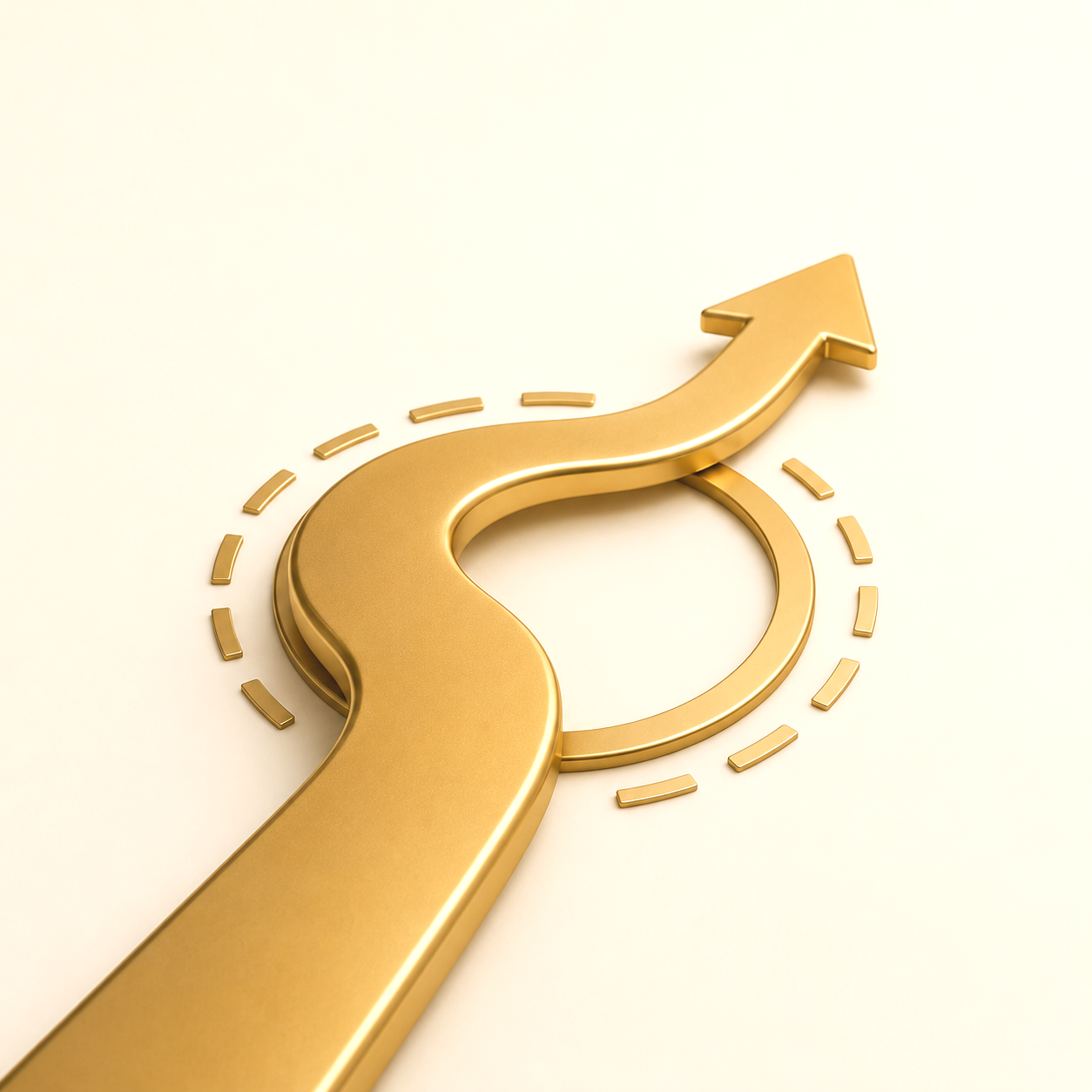 Gold 3D arrow forming a loop with a pointed tip indicating a forward motion, placed on a white background.