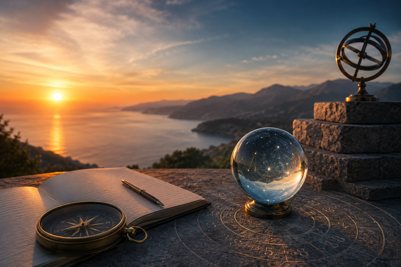 A desk overlooking a sunset over a body of water and mountains. On the desk are a book, a pen, a compass, a glass globe with constellation patterns, and an armillary sphere, with the scene illuminated by warm sunset light.