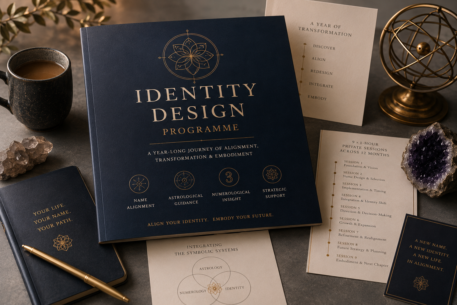A dark blue book titled 'Identity Design Programme' with gold text and symbols on a desk, surrounded by notebooks, papers, a gold geometric armillary sphere, a purple crystal, a cup of coffee, and decorative greenery.