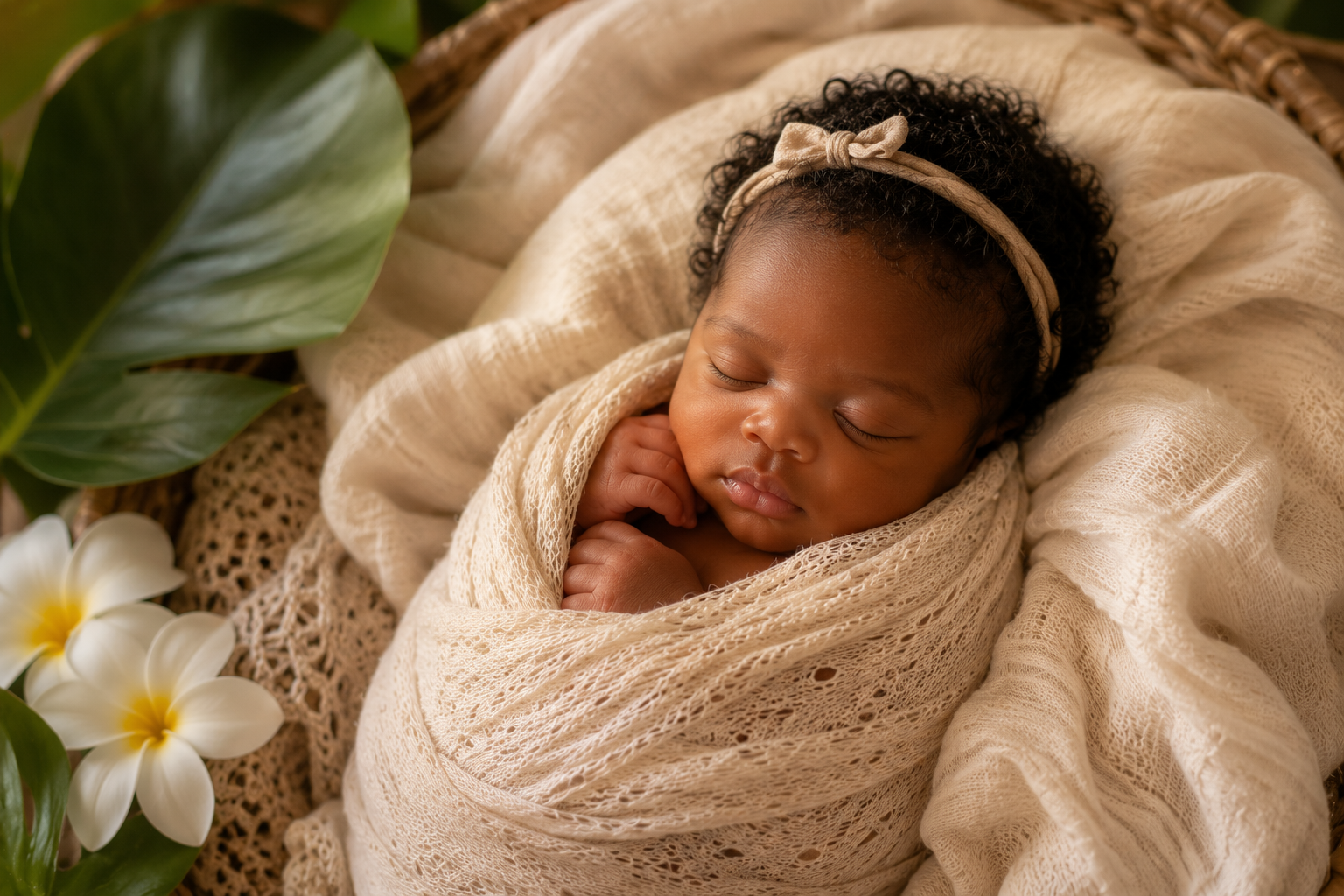 A sleeping baby girl with curly hair, wrapped in a cream-colored lace blanket, lying on a soft surface with a large green leaf and white flowers nearby.