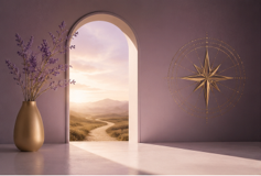 Interior room with lavender in a gold vase, an arched window showing a sunset landscape, and a star-shaped wall decoration on a purple wall