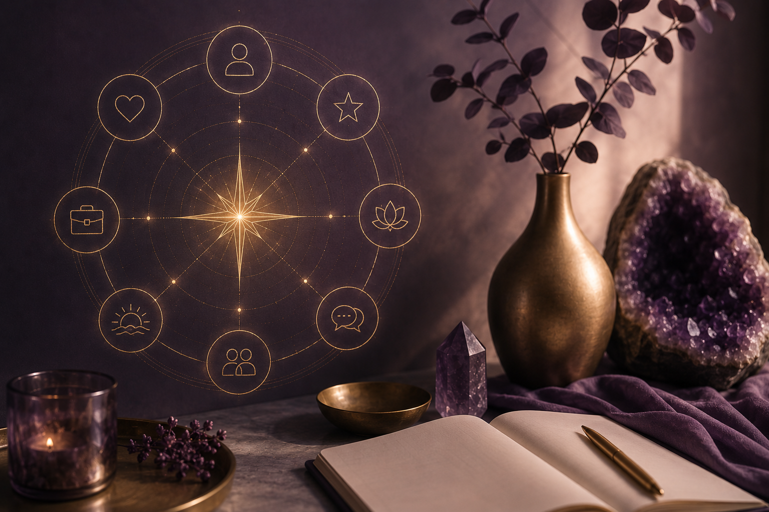 A cozy, mystical workspace with a gold vase, purple leaves, a geode, an open notebook with a gold pen, purple fabric, and a purple candle. A digital graphic of a glowing star with icons representing person, star, lotus, speech bubble, two people, sunset, briefcase, and heart floats on the wall.