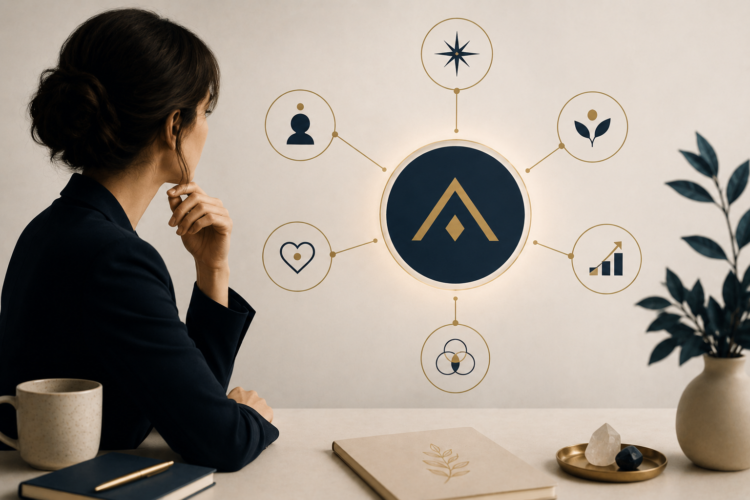 A woman in a dark blazer sits at a desk with her chin resting on her hand, looking at a wall with a large central icon and six surrounding icons connected by lines, indicating a conceptual diagram or workflow related to personal or business growth.