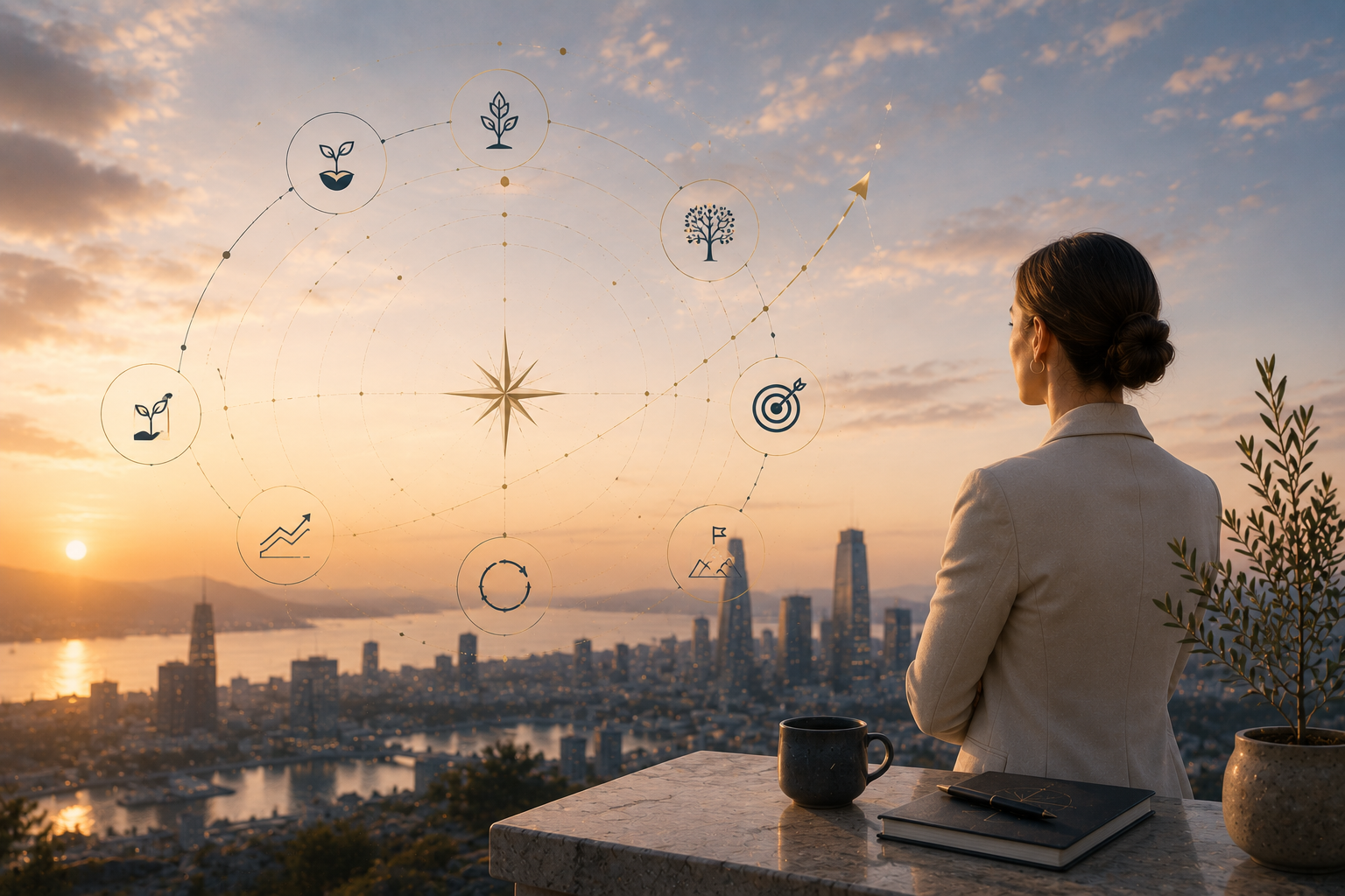 Woman in business attire looking at city skyline during sunset with floating business icons including growth, target, cycle, and plant growth.