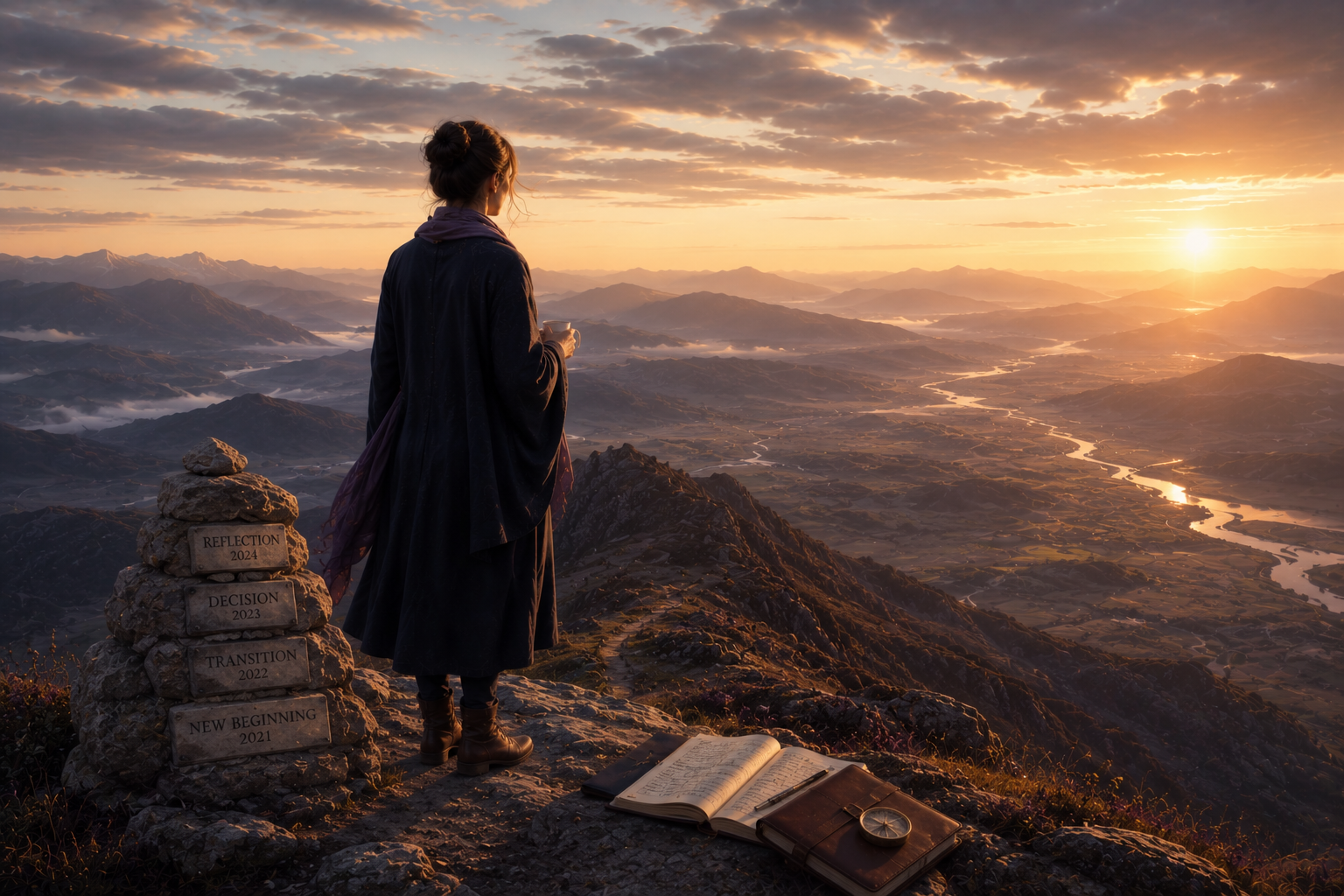 A person standing on a mountain at sunrise or sunset, holding a cup and looking at a scenic valley with rivers below. There is a stone stack with plaques labeled "New Beginning 2021," "Transition 2022," "Decision 2023," and "Reflection 2024." An open diary and a compass are placed on the ground near the person.