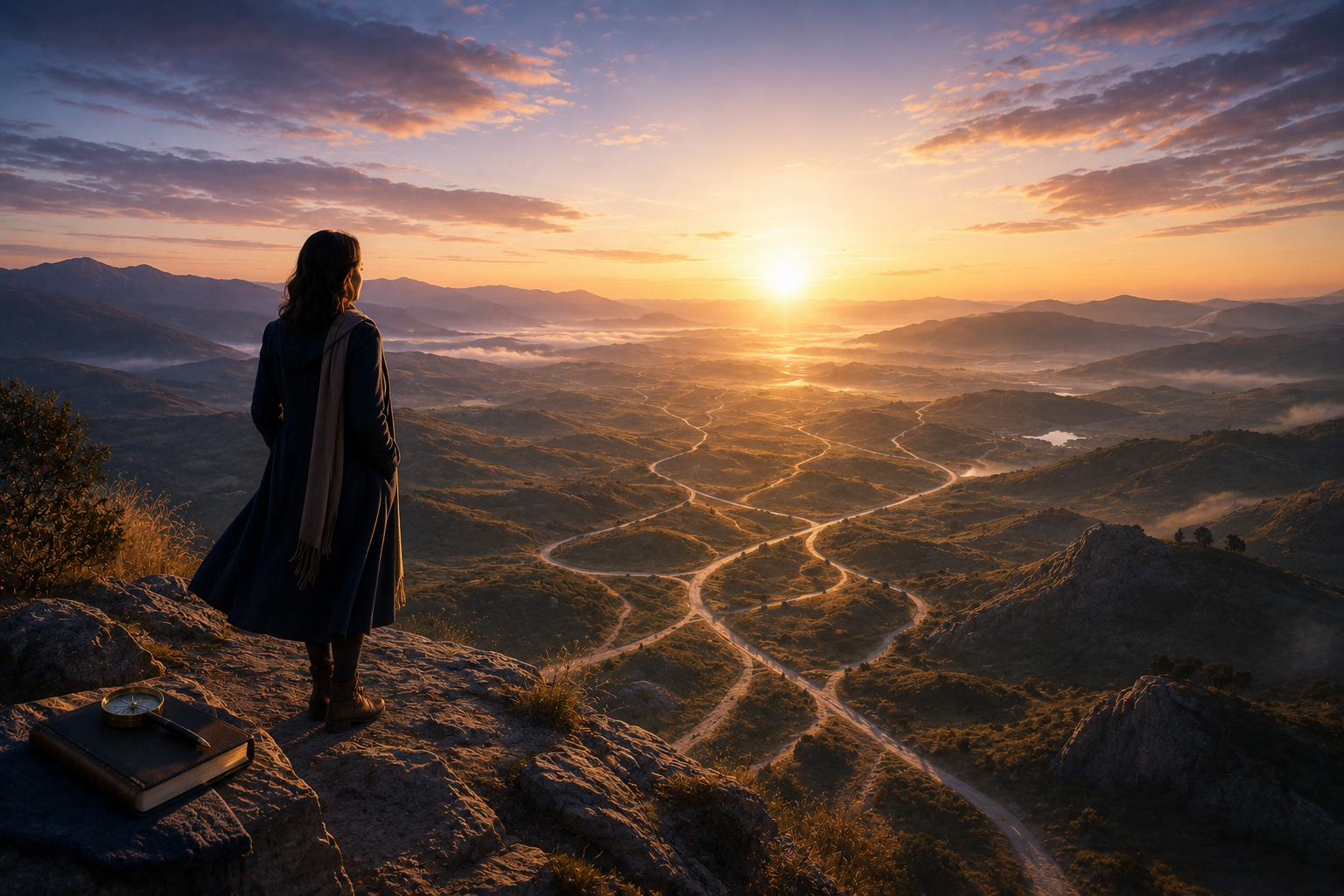 A woman standing on a rocky hilltop overlooking a valley at sunrise, with a notebook and a compass beside her.