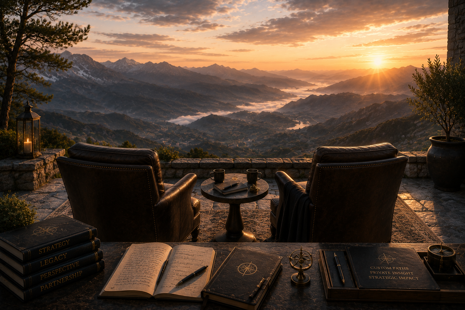 Sunset view over mountain range from a patio with two leather chairs and a small round black table, surrounded by books, notebooks, pens, and decorative objects.