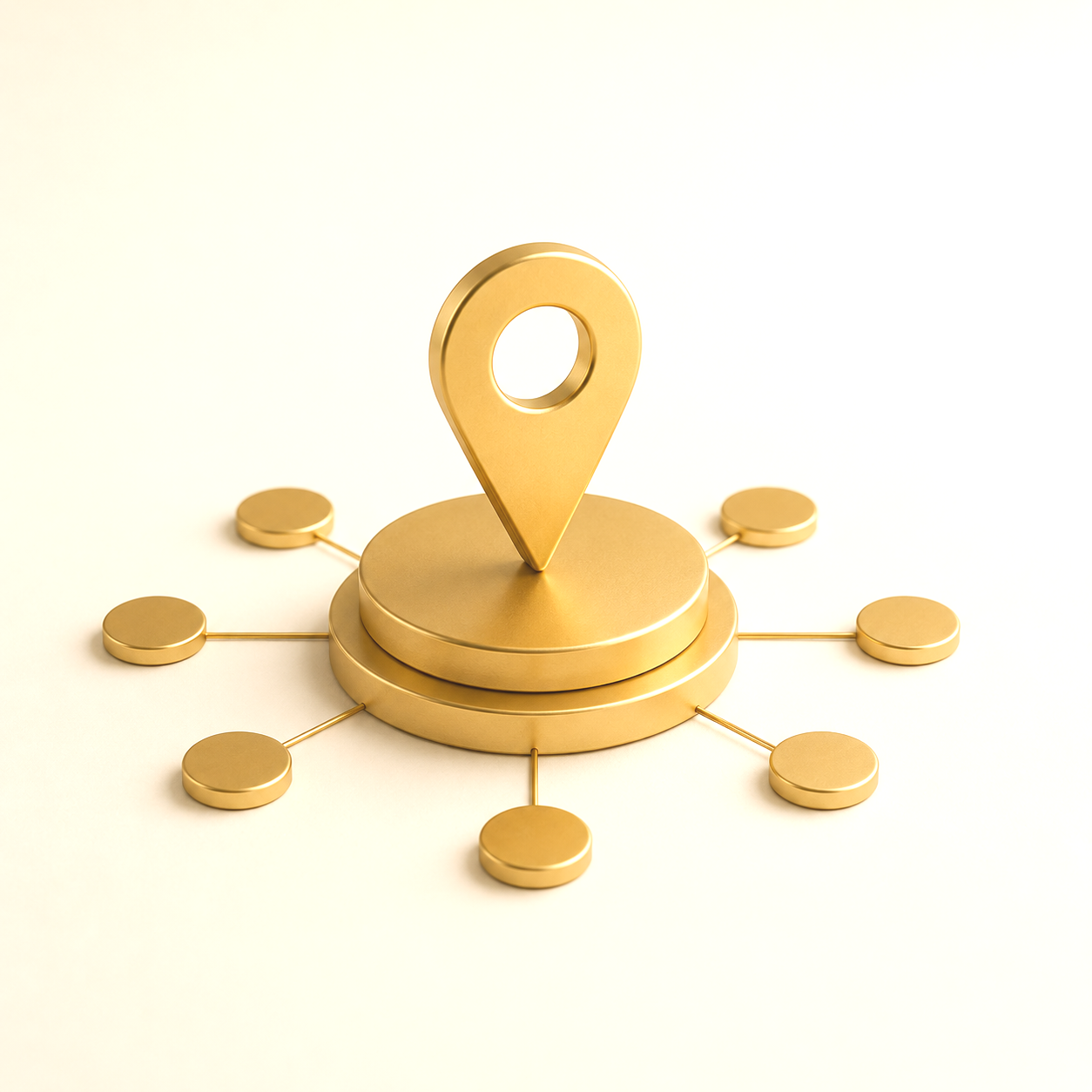 Gold 3D location pin above layered circular platform with small connected circles, symbolizing a network or connection.