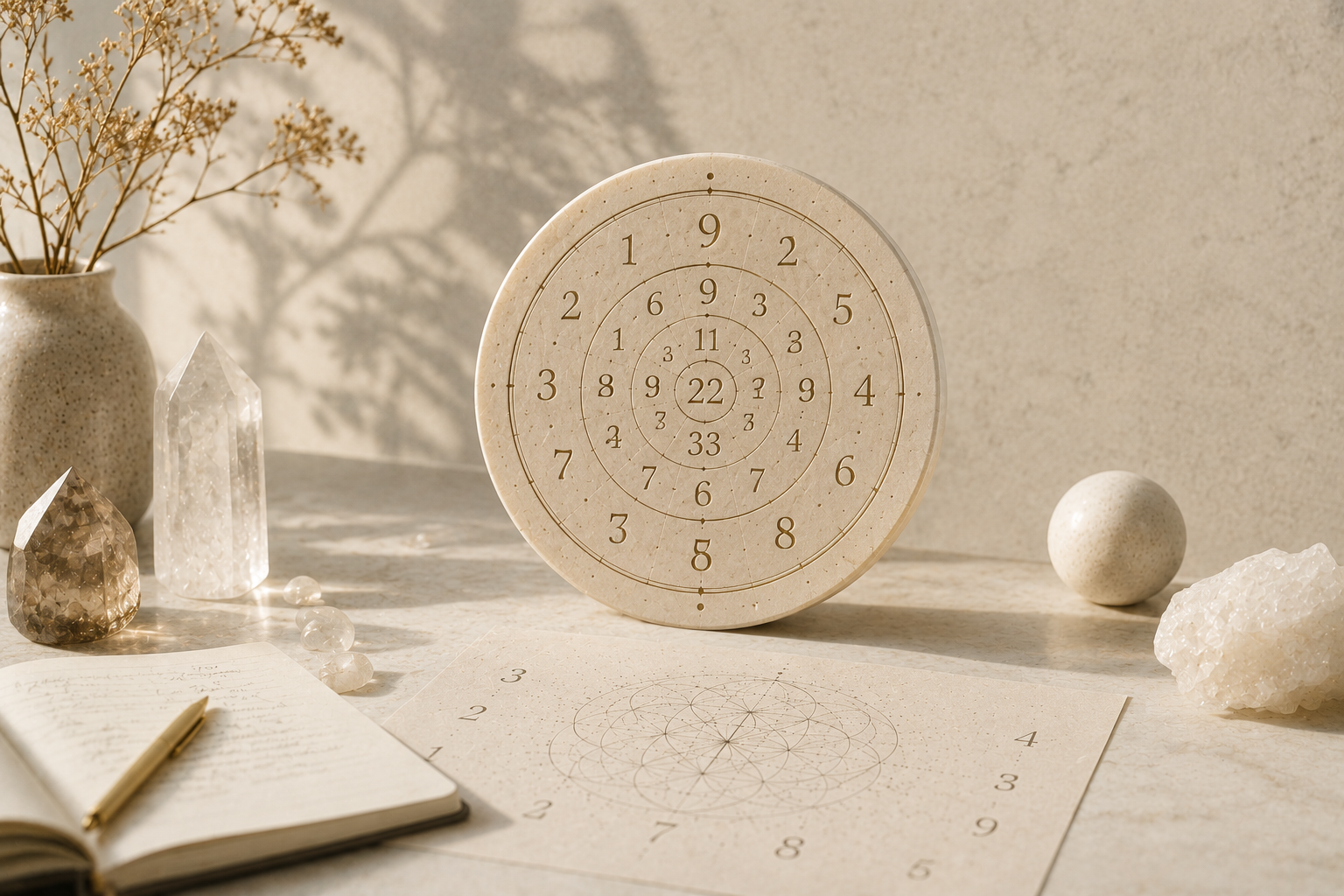 Decorative desk setup with a circular stone-looking clock, notebooks, crystals, and a vase with dried flowers, all in natural tones.