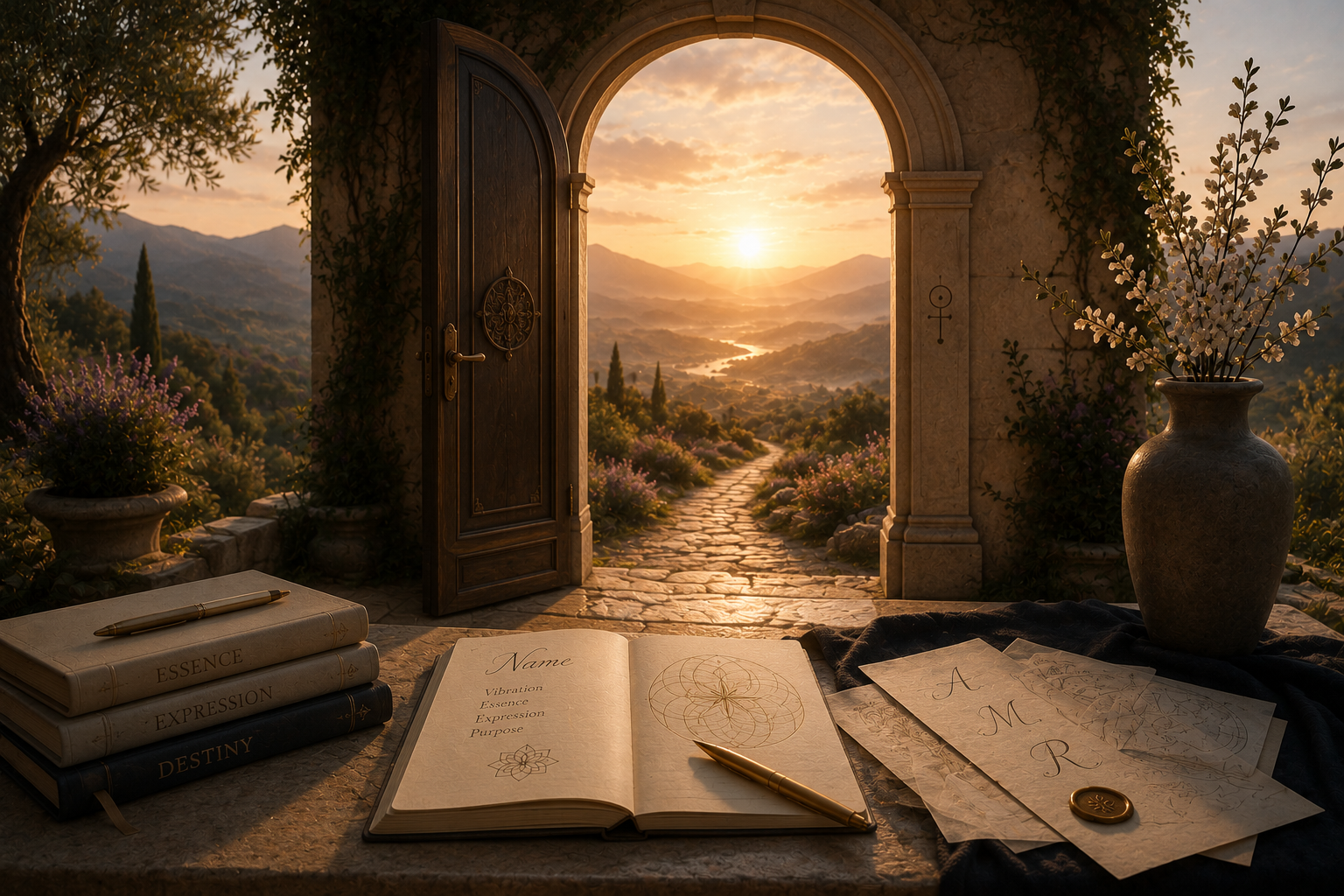 A desk with books, papers, and a pen set in a room overlooking a scenic landscape with a sunset over mountains, a river, and a cobblestone path.