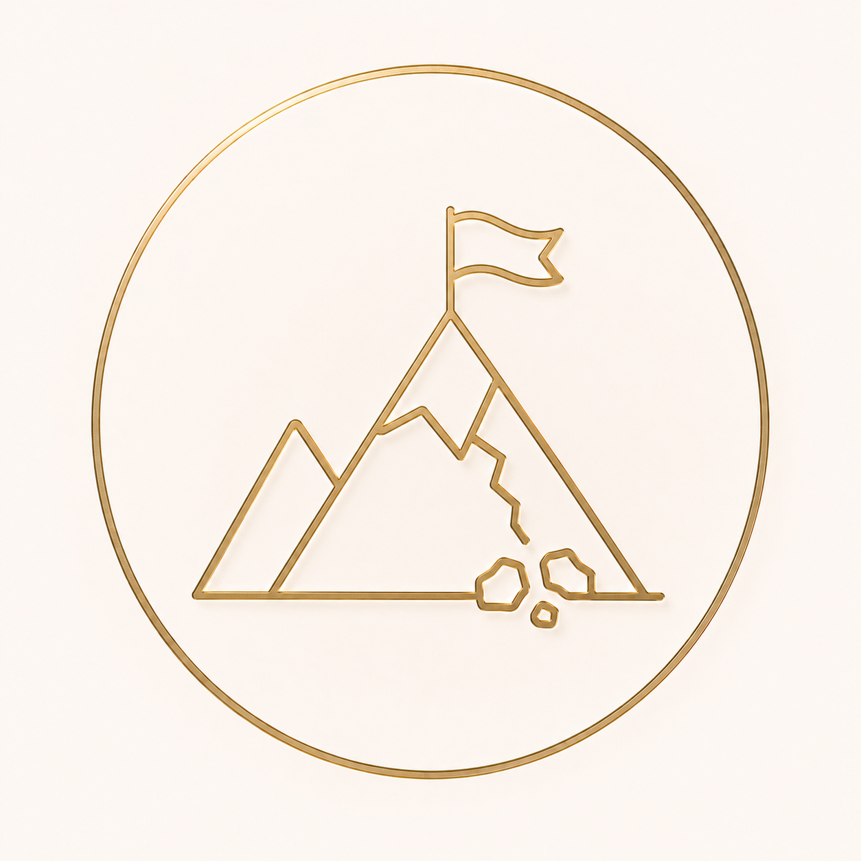 Minimalist gold wire outline of a mountain with a flag on the peak, inside a gold circle.