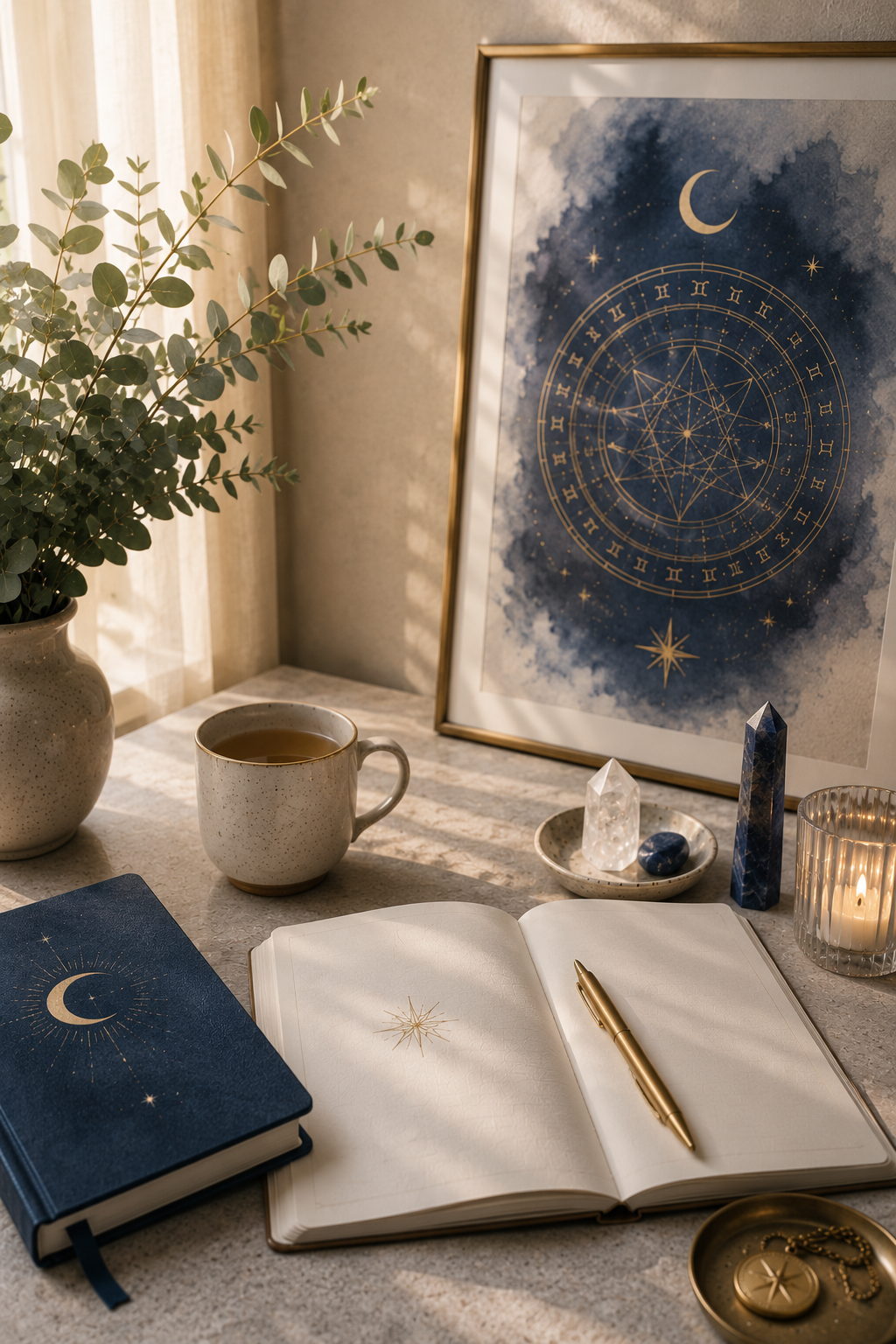 A coffee table with a notebook, open journal, and gold pen, surrounded by crystals, a candle, and a framed artwork featuring celestial and zodiac symbols, with a plant and sunlight in the background.