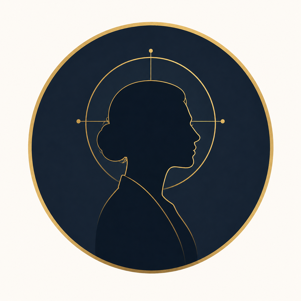 A silhouette of a woman with hair in a bun, outlined in gold, set against a navy blue circular background with geometric lines and dots.