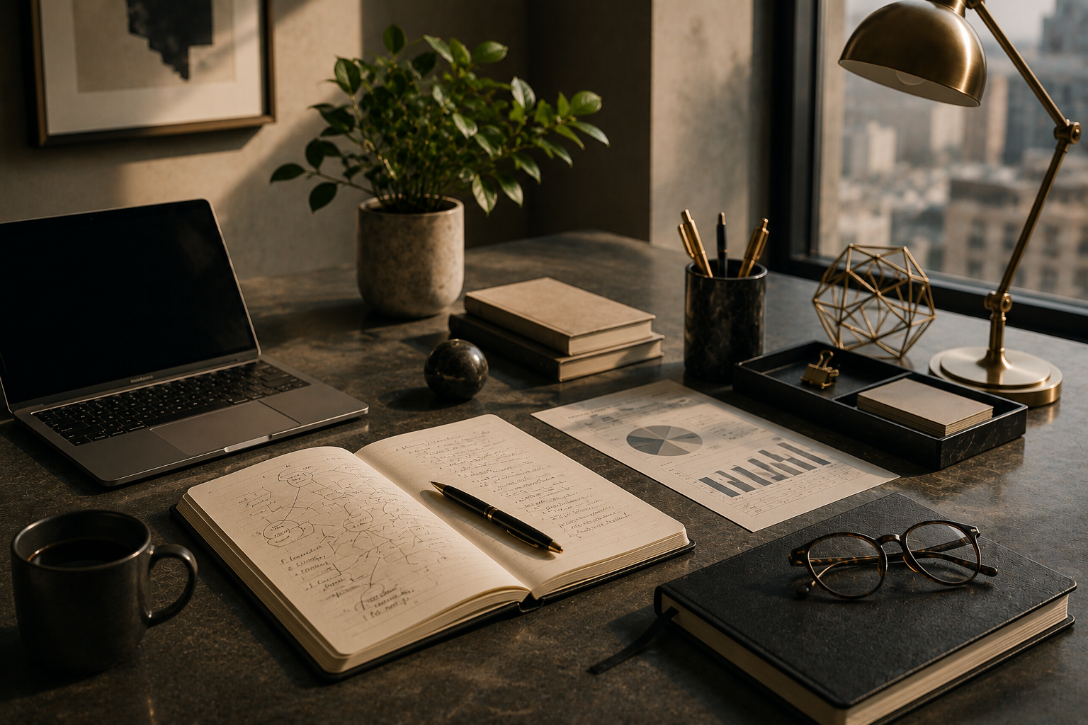 A modern workspace desk with a laptop, open notebook with sketches, closed notebooks, a cup of coffee, glasses, potted plant, desktop organizer, pens, and charts near a large window in a city office.