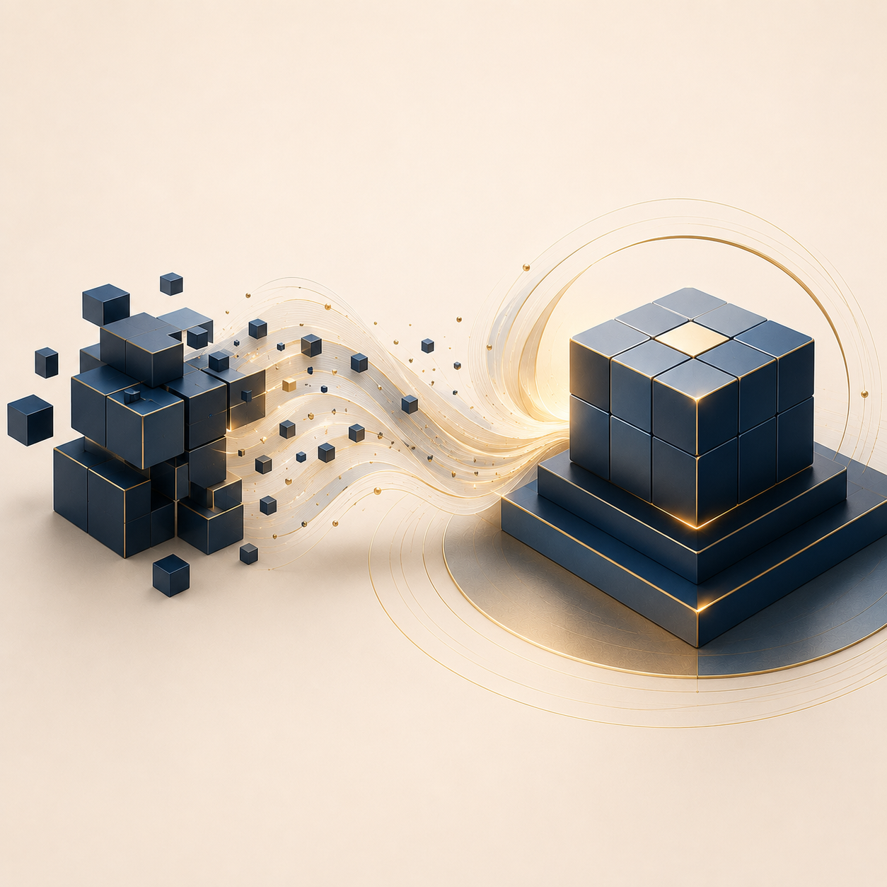 Digital illustration of two sets of stacked black cubes connected by swirling golden lines and particles, with the right set on a layered base.