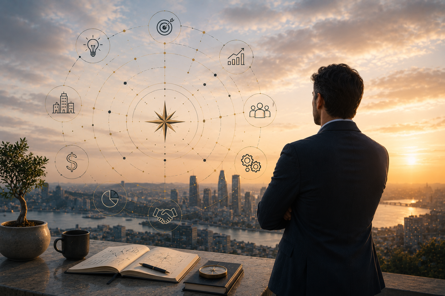 A man in a suit stands on a balcony overlooking a city skyline at sunset with an overlaid graphic of interconnected icons representing business, finance, growth, ideas, and teamwork.