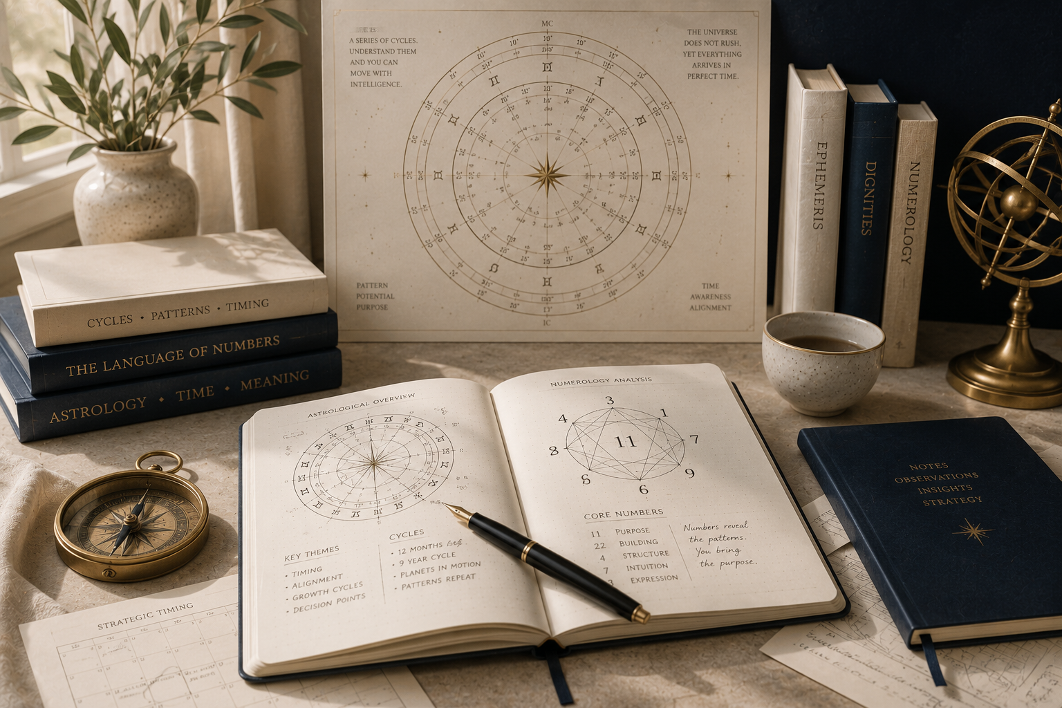 A desk with astrology and numerology books, an open notebook with astrology diagrams and notes, a pen, a compass, a coffee cup, a closed notebook labeled 'Notes Observations Insights Strategy,' and an armillary sphere, all arranged near a window with sunlight.