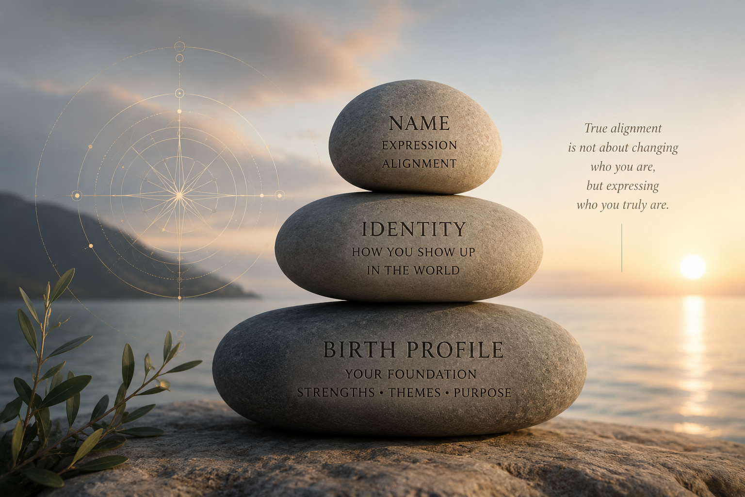 Three stacked stones with words engraved on each: 'Birth Profile' at the bottom, 'Identity' in the middle, and 'Name' at the top, set against a sunset over a lake.