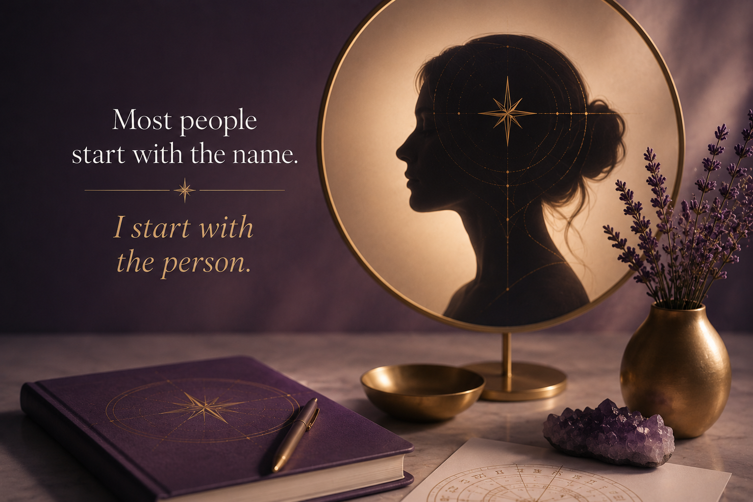 A decorative scene with a mirror reflecting a woman's silhouette, a purple notebook with a gold pen, a gold vase with purple flowers, a purple crystal, and a paper with an astrological chart. Text on the left reads 'Most people start with the name. I start with the person.'