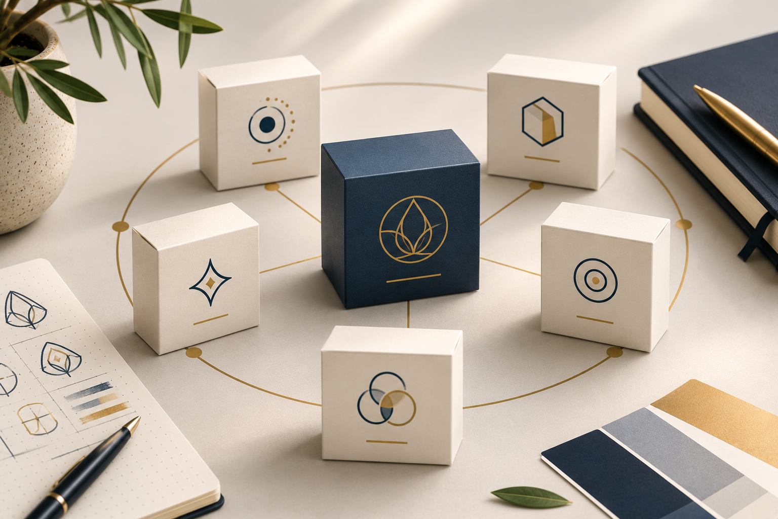 Arrangement of boxes with minimalist graphics on a table with notebooks, pens, a plant, and color swatches.