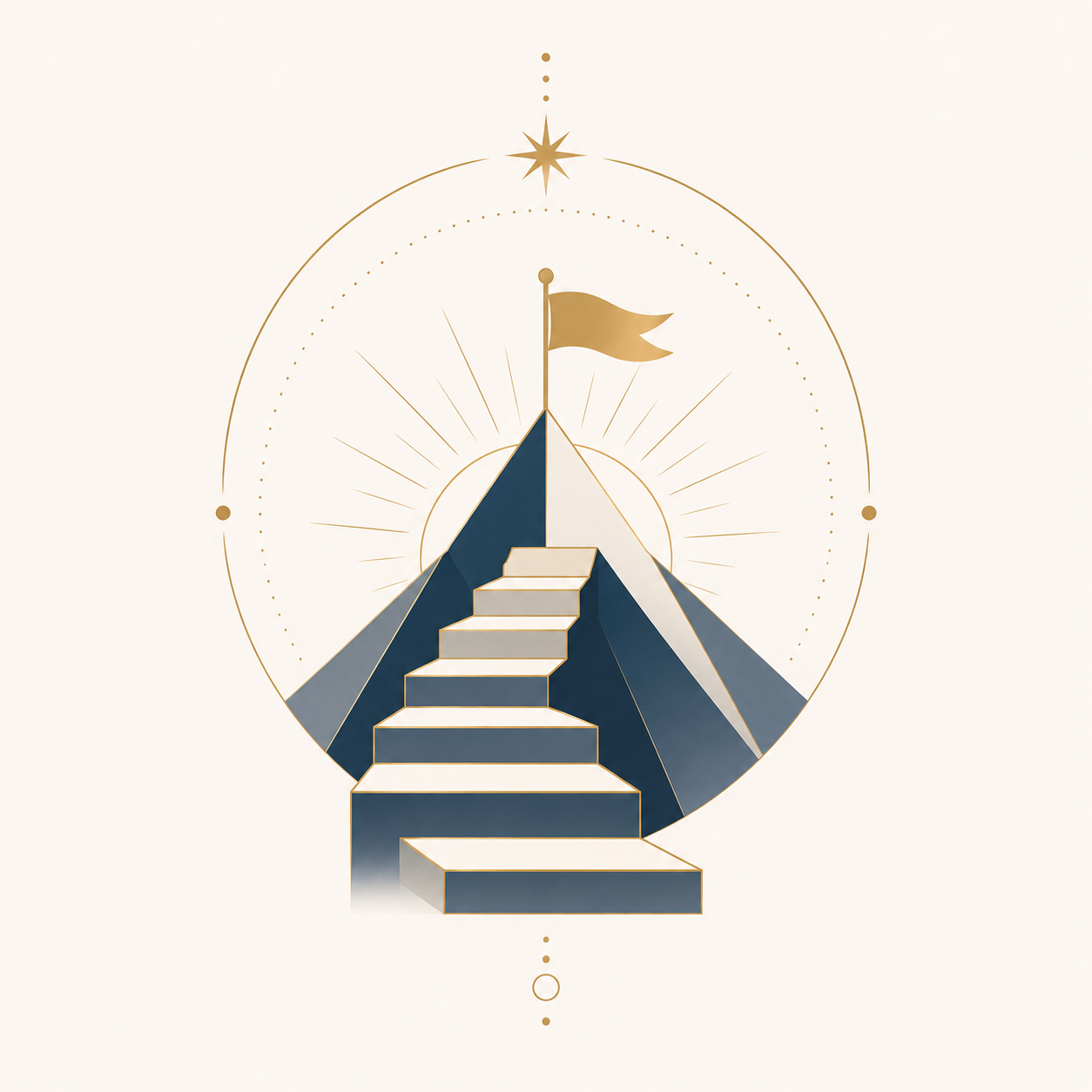 Illustration of stairs leading to a mountain peak with a flag, in a minimalistic style with gold accents and geometric elements, against a light background.