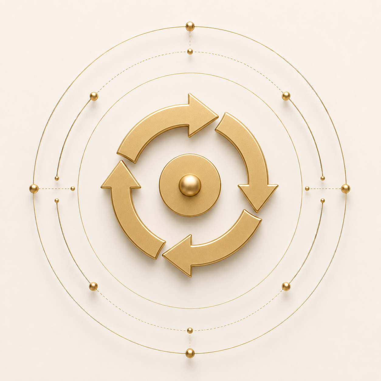 Gold circular arrows symbol representing a continuous process or cycle, in the center of concentric circles with small gold spheres on a light background.