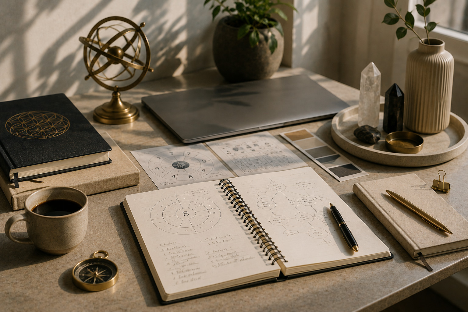 A workspace with notebooks, a silver laptop, a cup of coffee, a notebook with handwritten notes and diagrams, architectural plans, a pen, decorative items like crystals, a vase with greenery, a globe, a tray with stones, and a small compass.